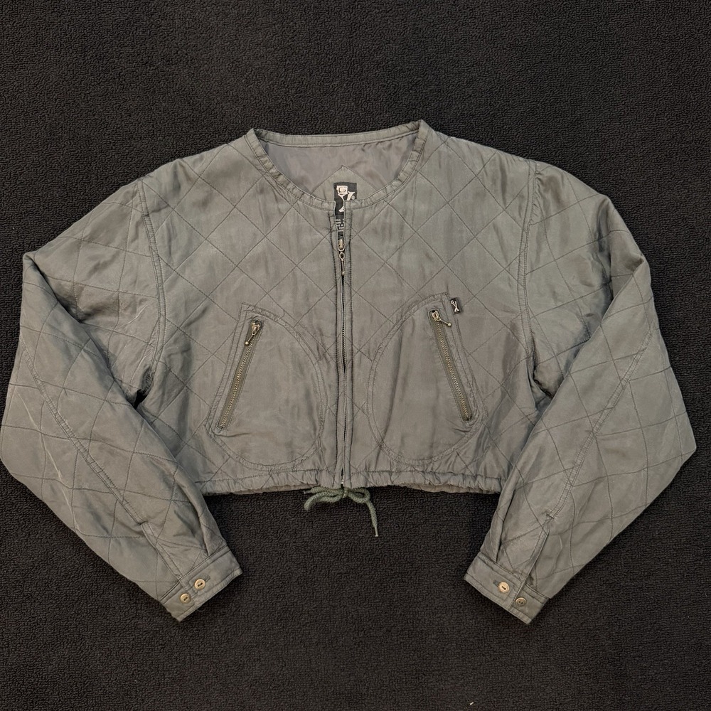 Vtg gX Quilted Green Silk Cropped Bomber Jacket L Y2K Grunge Streetwear Military
